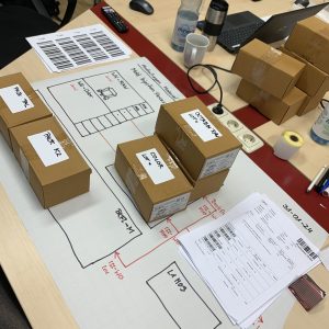 Verschiedene Paketgrößen und aufgezeichnete Fertigungsabläufe auf einem Planungstisch